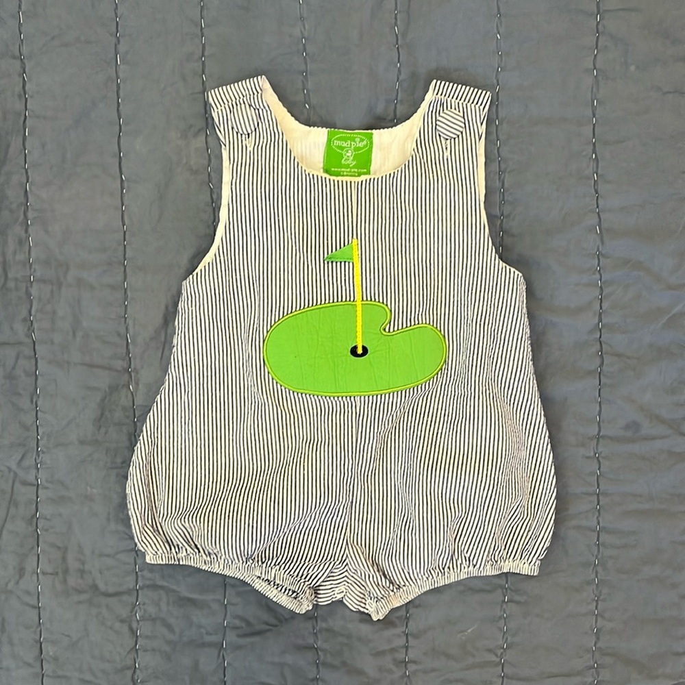 Mudpie boy golf bubble outfit seersucker